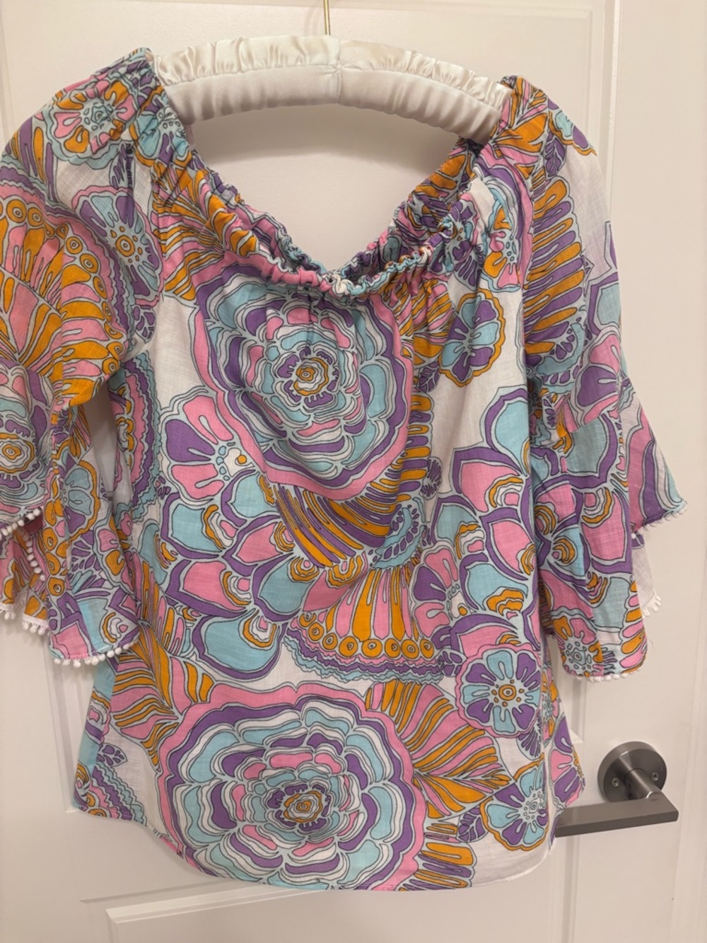 Trina Turk Off-Shoulder Floral Blouse in Pink, Purple, Teal & Orange